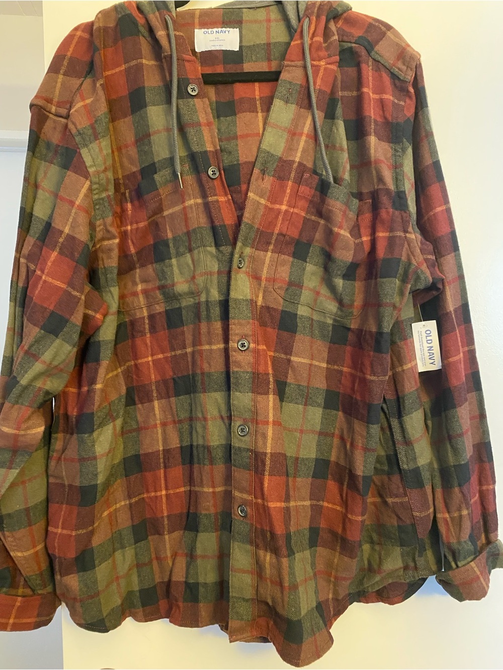 Old Navy Men's Hooded Flannel Jacket in burgundy black and gray NWT